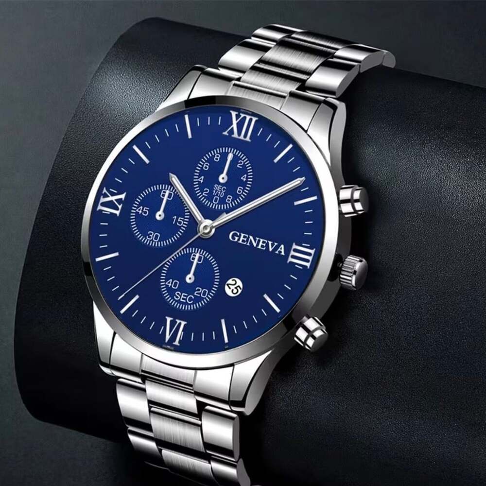 Geneva Blue Dial Silver Stainless Steel Chronograph Watch